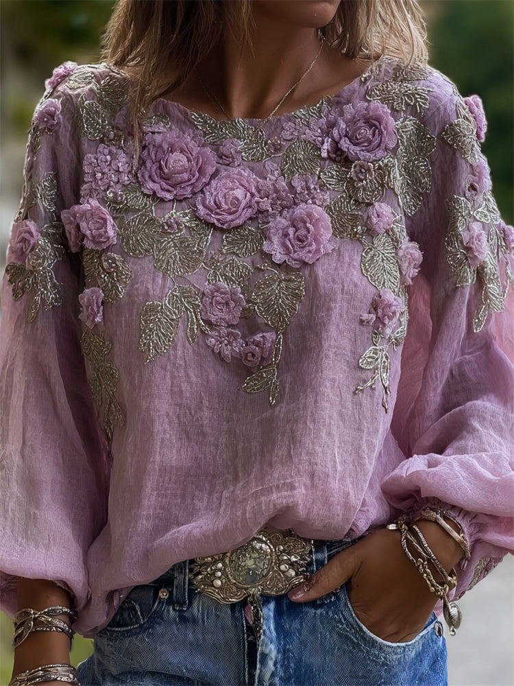 Vintage Lavender Roses Glitter Embroidered Linen Tunic