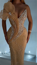 Stunning Champagne One-Shoulder Crystal 3D Flower Mermaid Maxi Dress