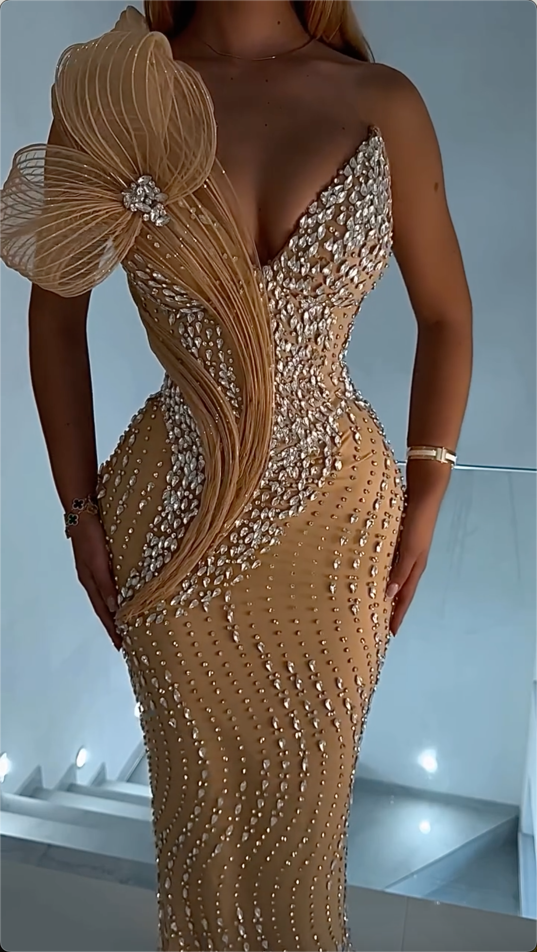 Stunning Champagne One-Shoulder Crystal 3D Flower Mermaid Maxi Dress