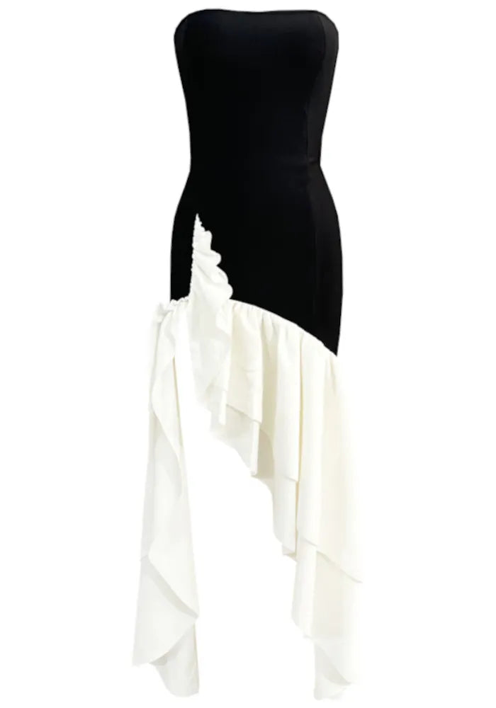 Strapless Ruffle Maxi Dress Black White