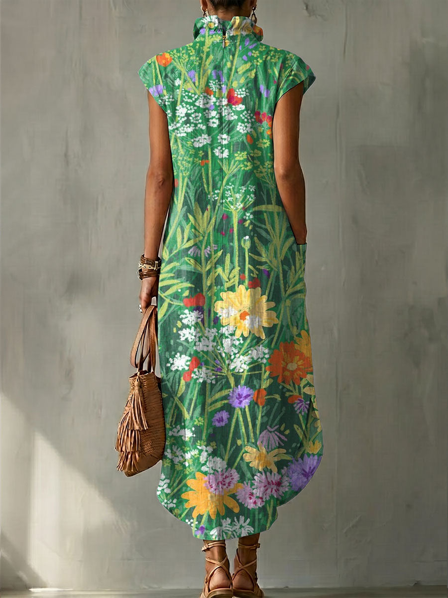 Colorful Floral Decorative Pattern Women's Bud Collar Linen Cotton Dress