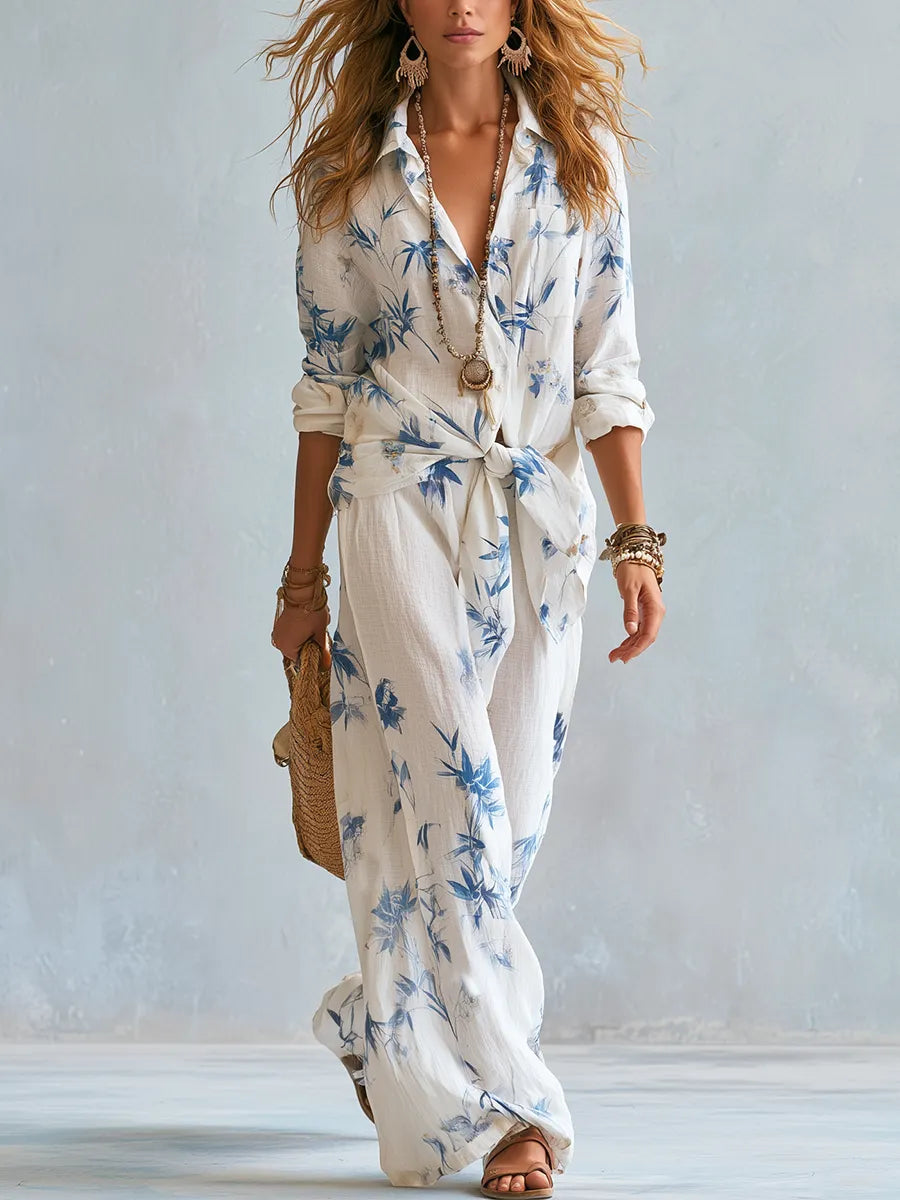 Bohemian Blue Floral Shirt And Wide-leg Pants Suit