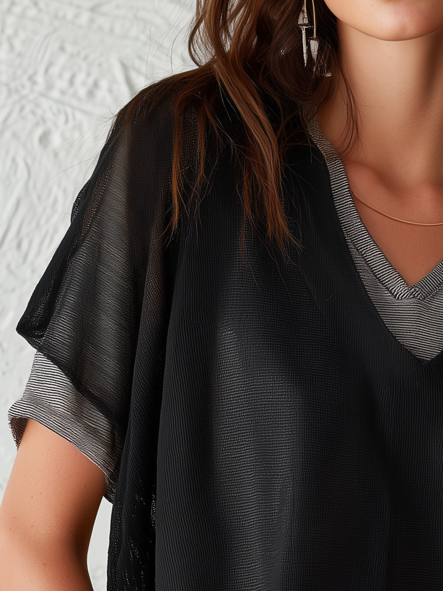 Modern Black Sheer Layered V-Neck Top