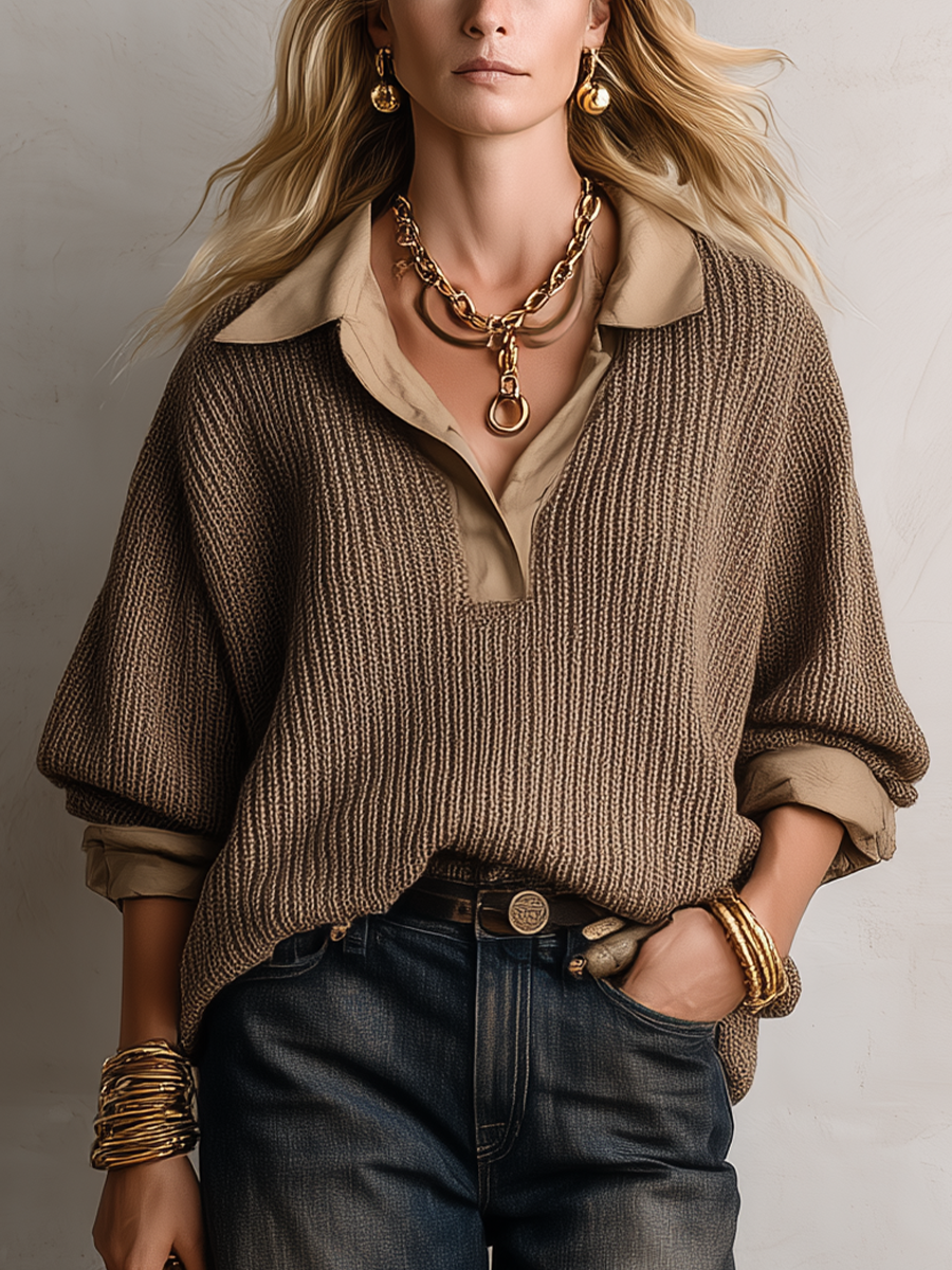 Relaxed Luxe Collared V-Neck Textured Knit Sweater Top