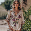 Women's Floral Embroidery V Neck Casual Linen Top