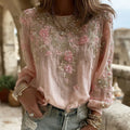 Women's Vintage Pink Flower Embroidery Art Print Round Neck Long Sleeve T-shirt