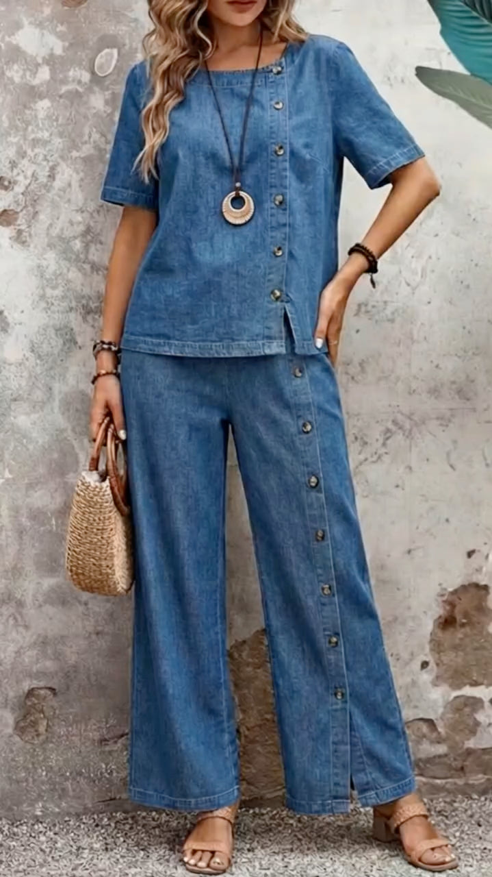 Denim Asymmetrical Button 2 Piece Set
