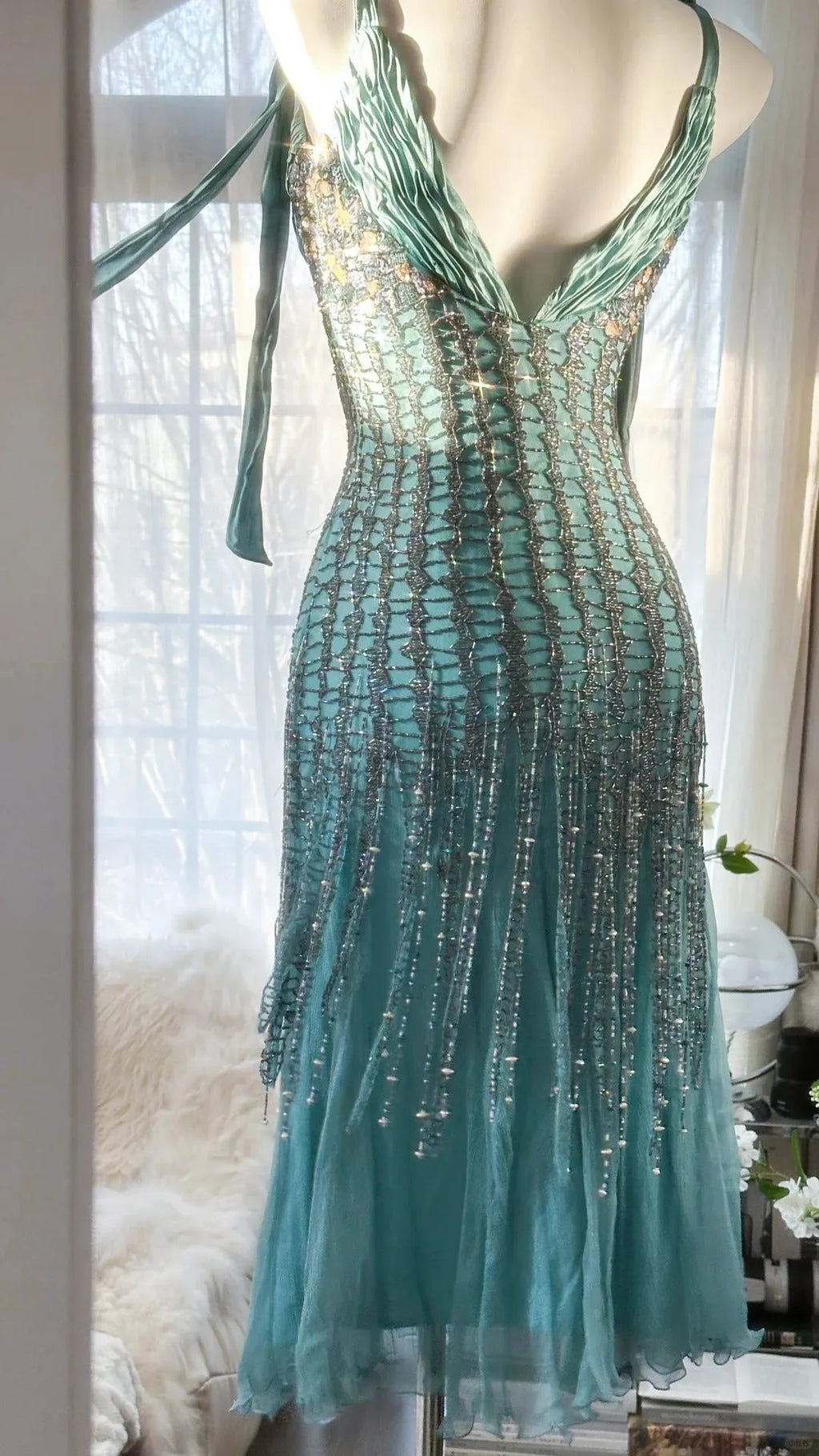 Green Luxury Gorgeous Retro Fashion Exquisite Tassel Beaded Mid-Length Chiffon Ball Gown Birthday Party Dress Evening Dress Prom Dress 3973