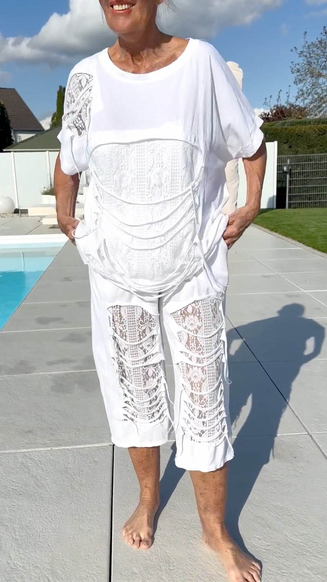 Lace Patchwork Short Sleeve Top & Capri Pants Co‑Ord Set