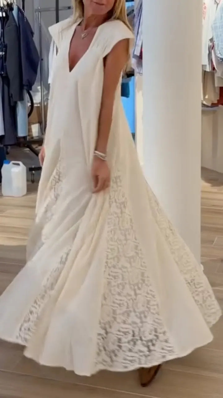 White Lace  V Neck Panel Maxi Dress