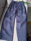 ?Limited time promotion Women's Solid Color Pleated Drawstring Casual Cotton and Linen Wide Leg Pants