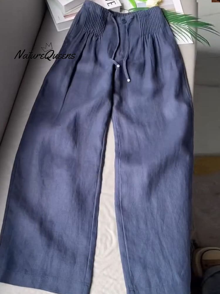 ?Limited time promotion Women's Solid Color Pleated Drawstring Casual Cotton and Linen Wide Leg Pants