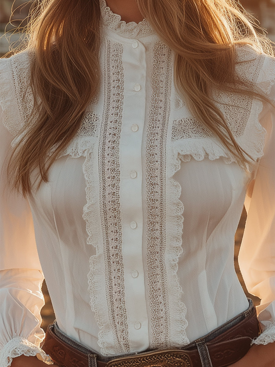 [24-hour shipping out]Western-style White Lace Button-down Shirt