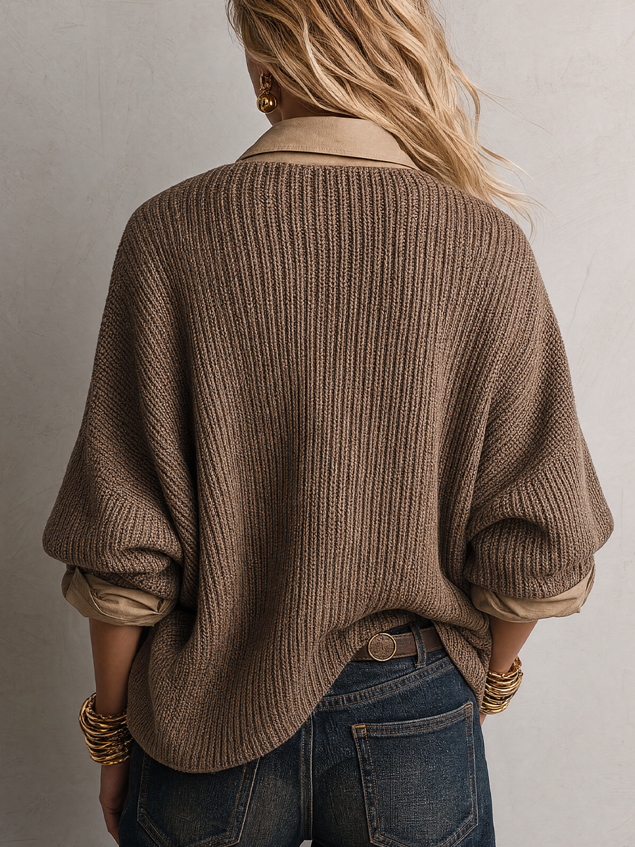 Relaxed Luxe Collared V-Neck Textured Knit Sweater Top