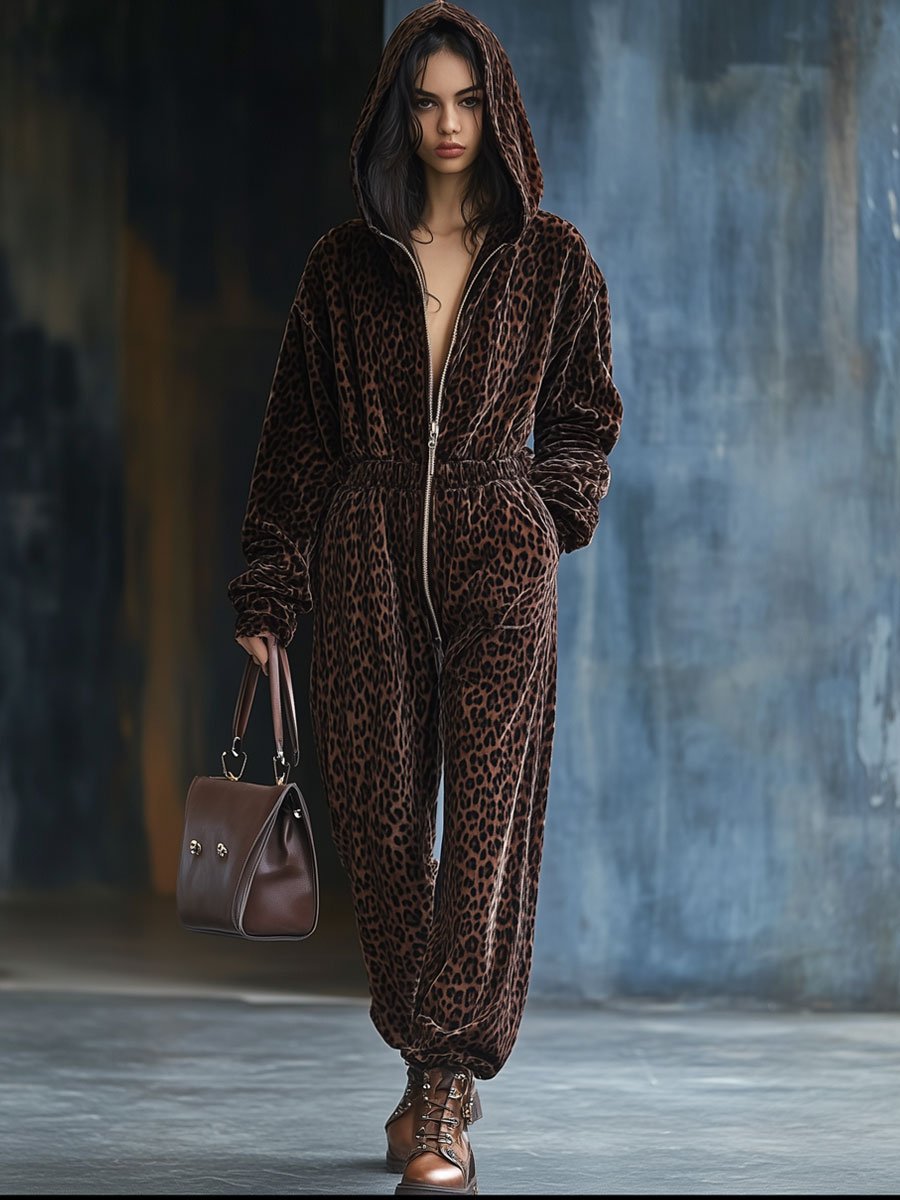 [24-hour shipping out]Casual Loose Vintage Velvet Leopard Print Elastic Waist Zipper Hooded Jumpsuit