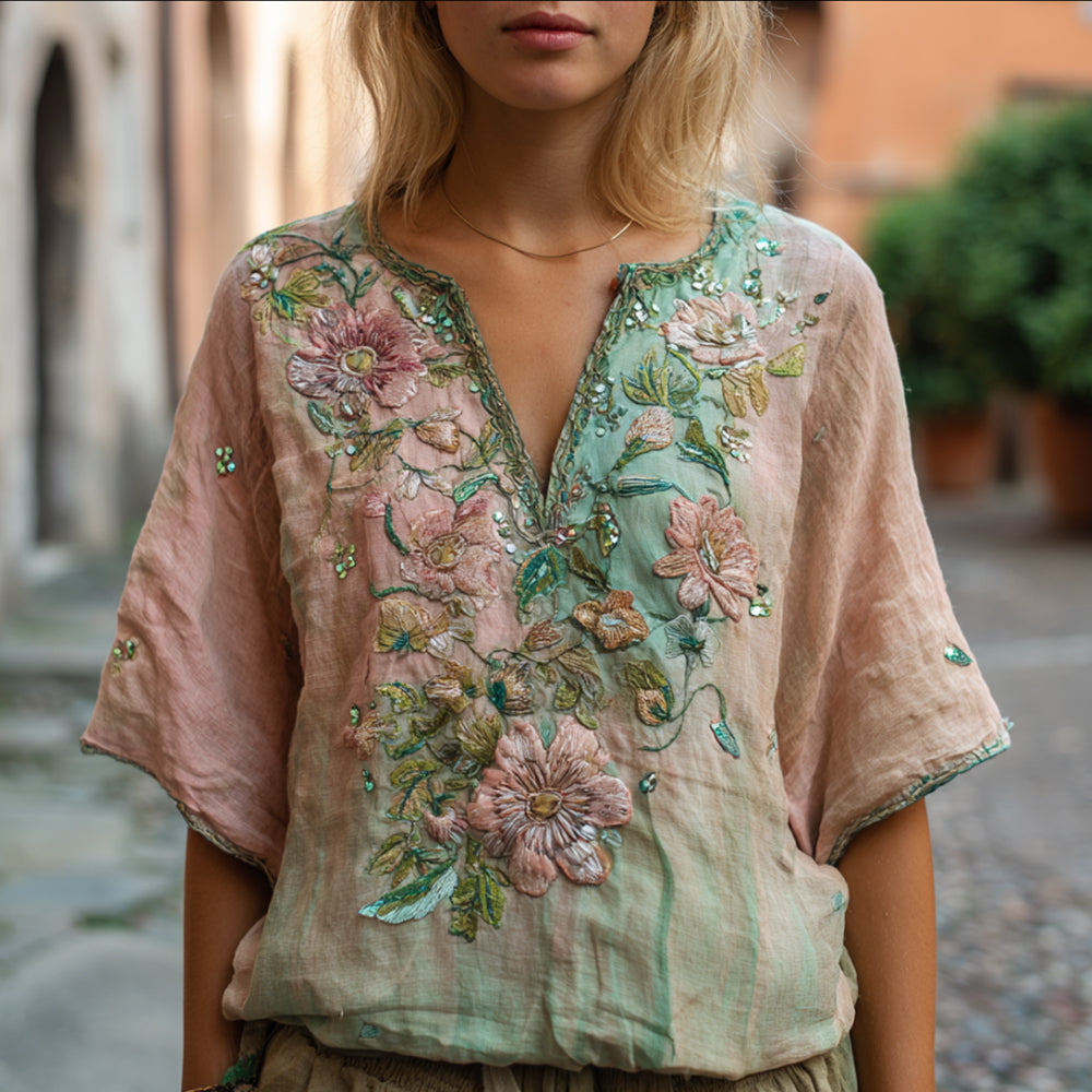 Bohemian Style Pink Flower Sequin Embroidery Vintage Pink-green V-neck Short Sleeve Shirt