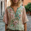 Bohemian Style Pink Flower Sequin Embroidery Vintage Pink-green V-neck Short Sleeve Shirt