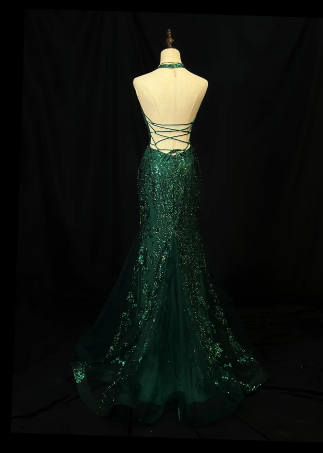 Chic V-Neck Mermaid Long Prom Dresses Sequins Tulle Dark Green Evening Dresses Appliques Sleeveless Christmas Dresses