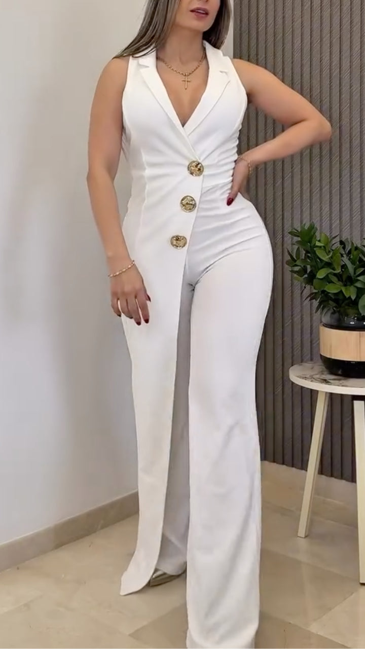 Women's Collared Button Irregular Faux Two-Piece Jumpsuit
