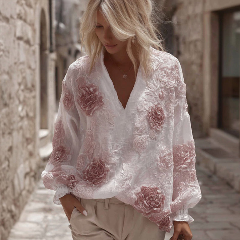 Women's Floral Embroidery Linen V-neck T-shirt