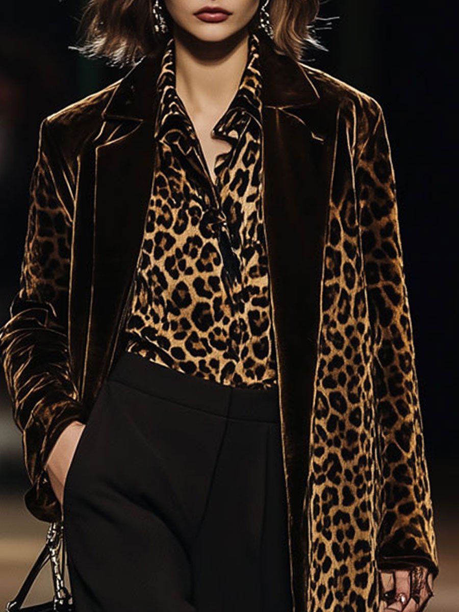 [24-hour shipping out]Casual Loose Vintage Velvet Leopard Print Colorblock Lapel Coat