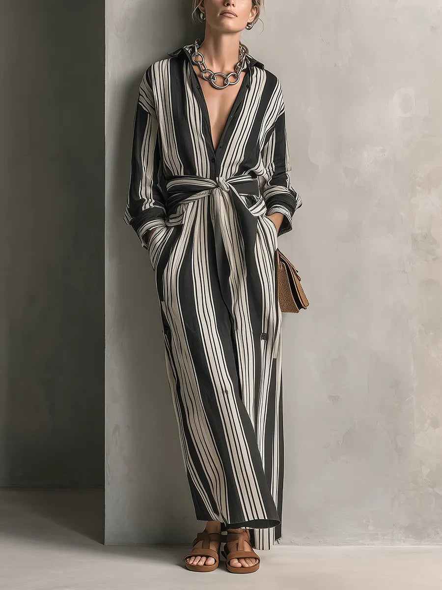 Urban Boho Vertical Stripe Belted Maxi Dress