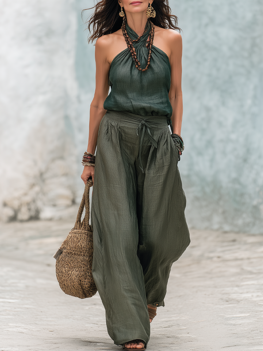 Bohemian Dark Green Linen Halter Top And Wide-leg Pants Suit