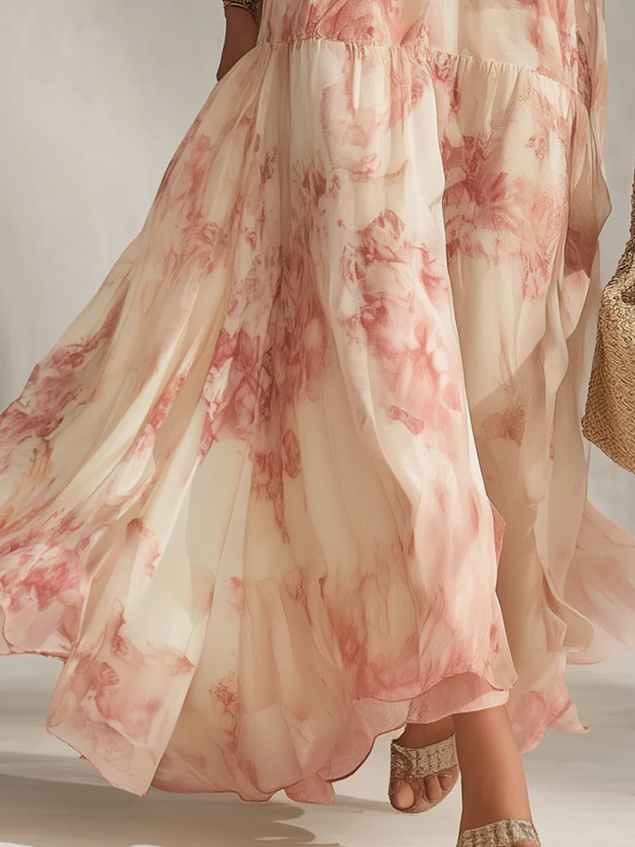 Beige V-neck Floral Print Puff sleeve Flowy Maxi Dress