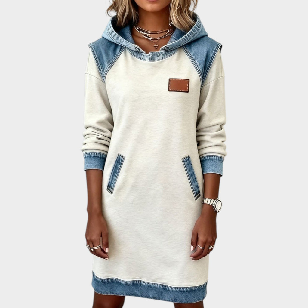 Casual Denim Trim Hoodie Dress
