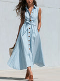 Elegant Light Blue Button Front Belted Midi Dress