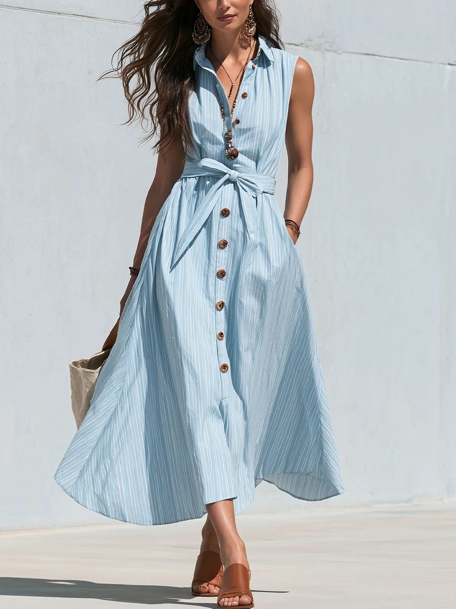 Elegant Light Blue Button Front Belted Midi Dress
