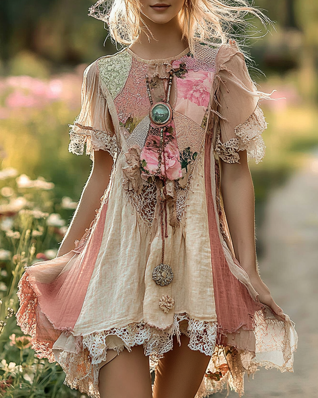 Summer Floral Embroidered Lace Patchwork Linen Mini Dress dc57