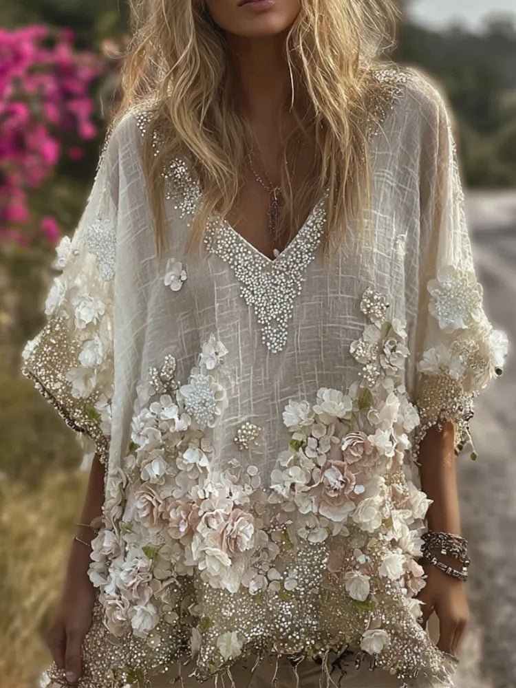 Bohemian Pink Three-dimensional Flower Sequin Vintage White Thin Vintage Lace V-neck Short-sleeved Shirt