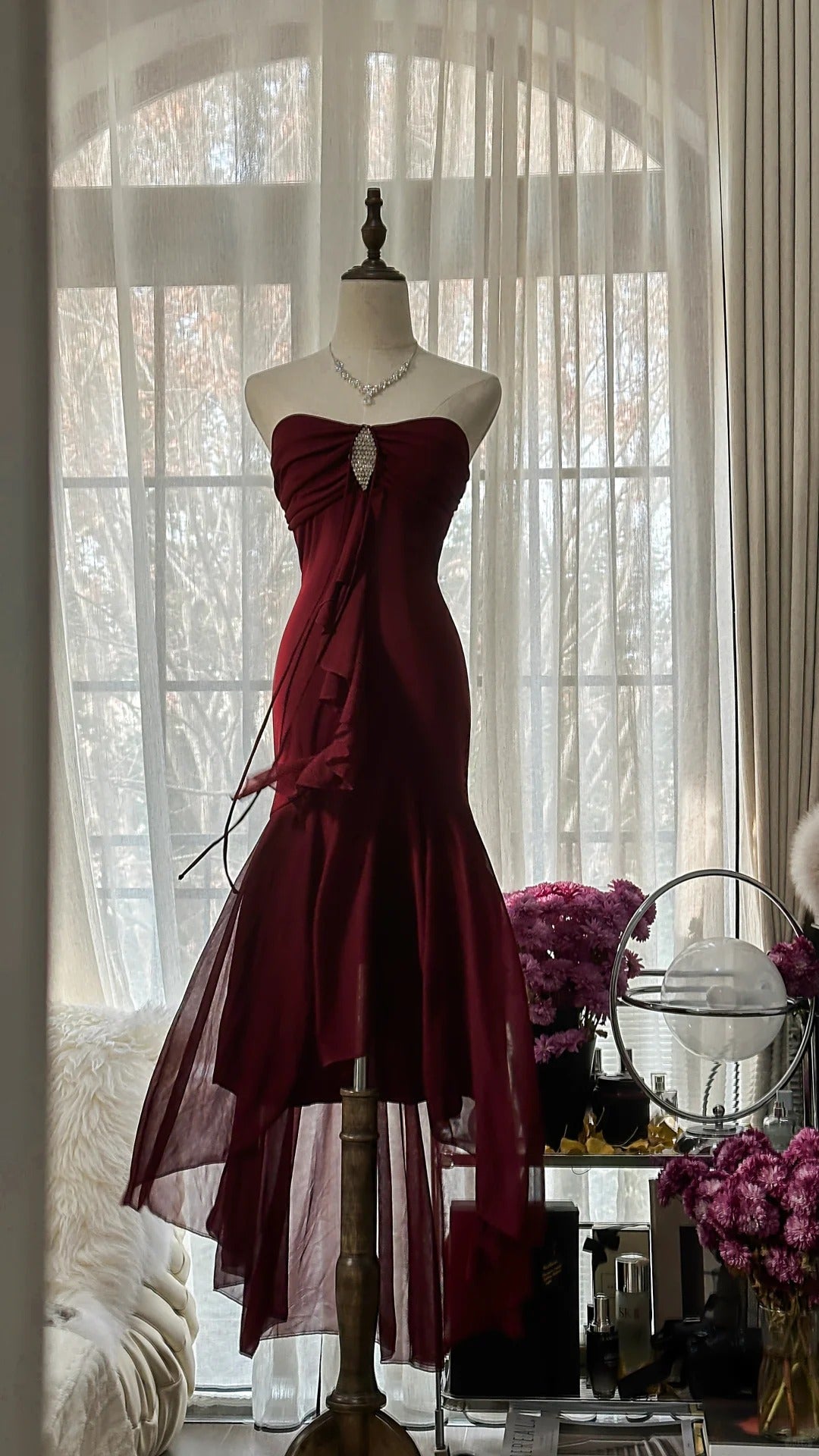 Burgundy Vintage Evening Dresses, Sleeveless Long Party Gowns  25510