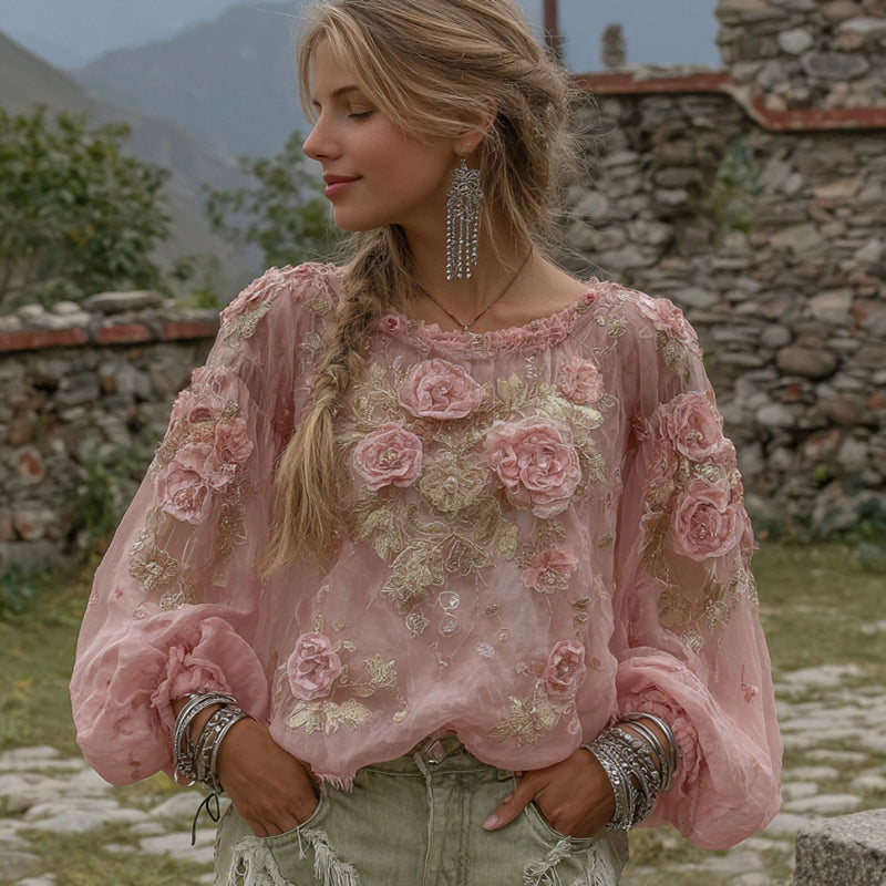 Elegant Boho Pink Roses Embroidered Cozy Linen Tunic