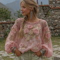 Elegant Boho Pink Roses Embroidered Cozy Linen Tunic