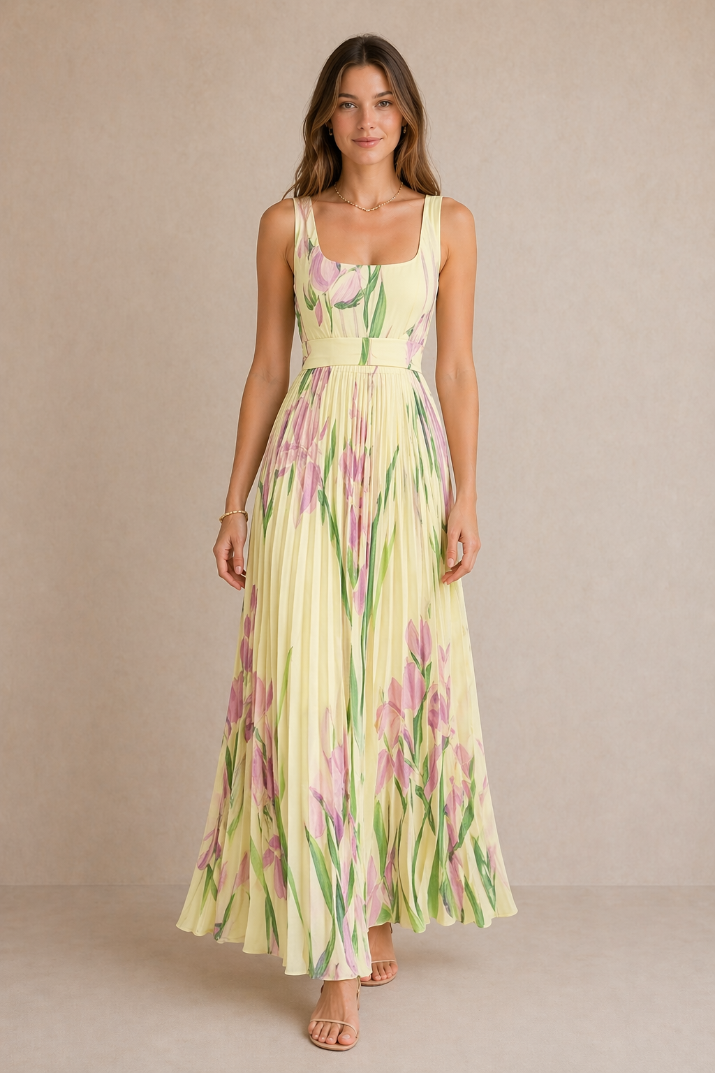 Floral Pleated Square-Neck Maxi Dress