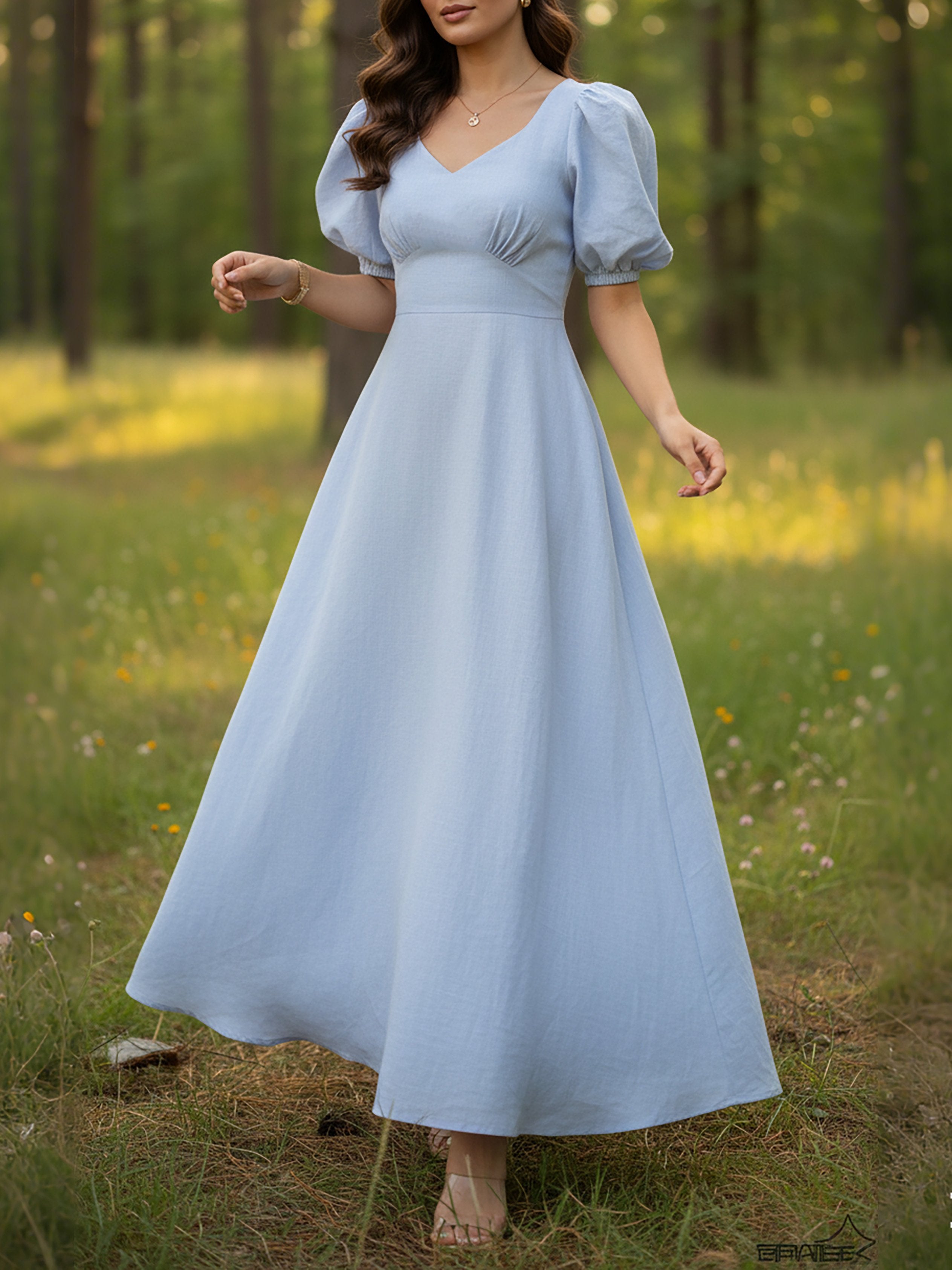 Maxi Linen Dress, Short Sleeves, Sweetheart Neck, Plain, Vintage, Blue