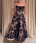 Strapless Black Floral Lace Corset Midi Dress for Wedding Guest Evening Party Birthday Photoshoot Cocktail