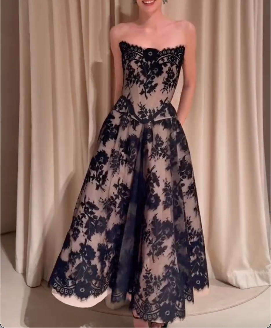 Strapless Black Floral Lace Corset Midi Dress for Wedding Guest Evening Party Birthday Photoshoot Cocktail