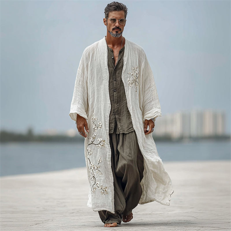 Men's Japanese Simple Almond Blossom Linen Long Kimono
