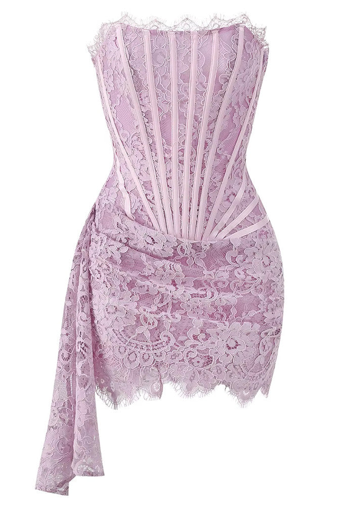Strapless Lace Corset Dress Lavender Pink