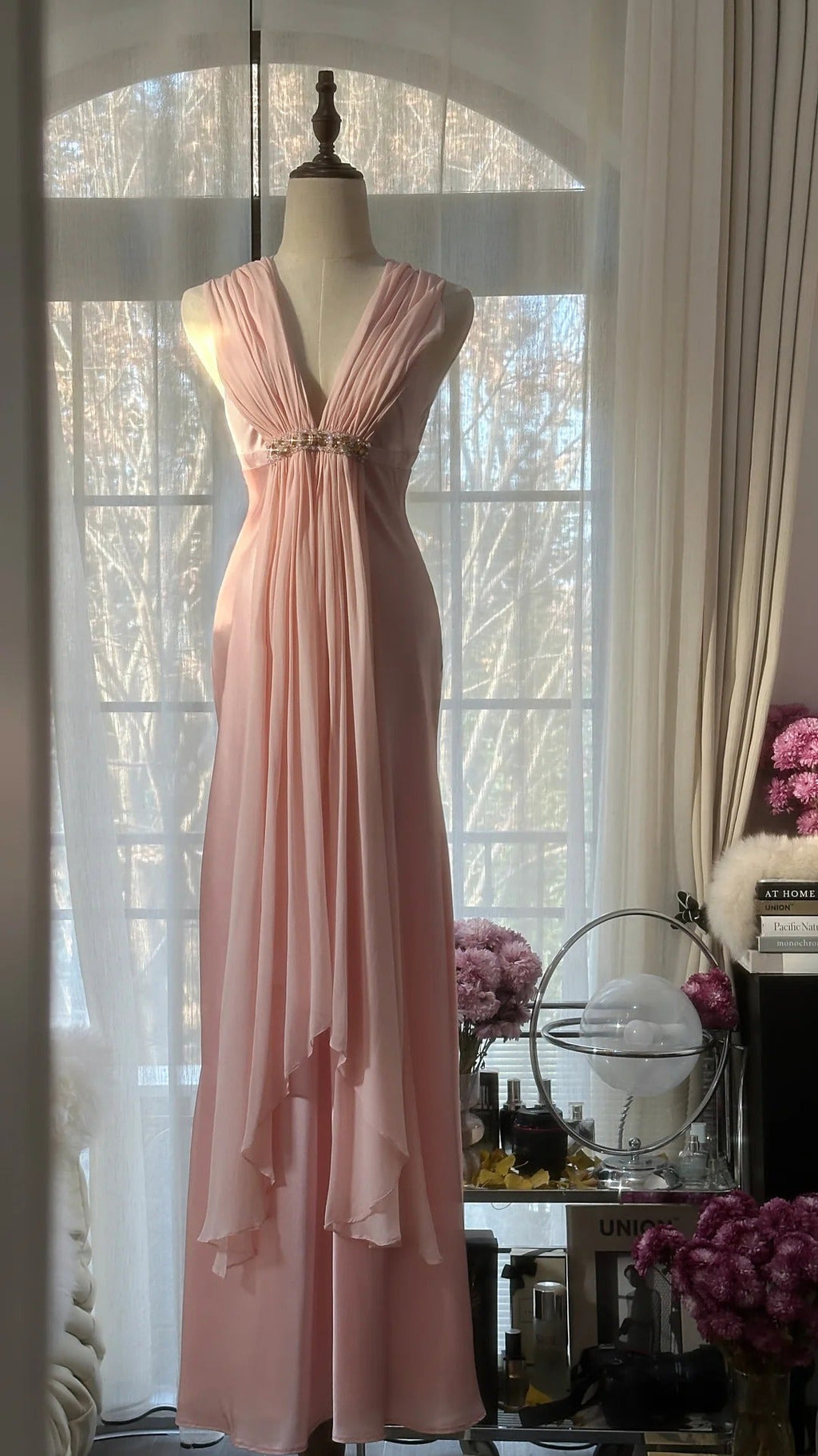 Pink Elegant Exquisite Rhinestone Long Satin Chiffon Ball Gown Evening Dress Party Dress Birthday Dress Date Dress 4163