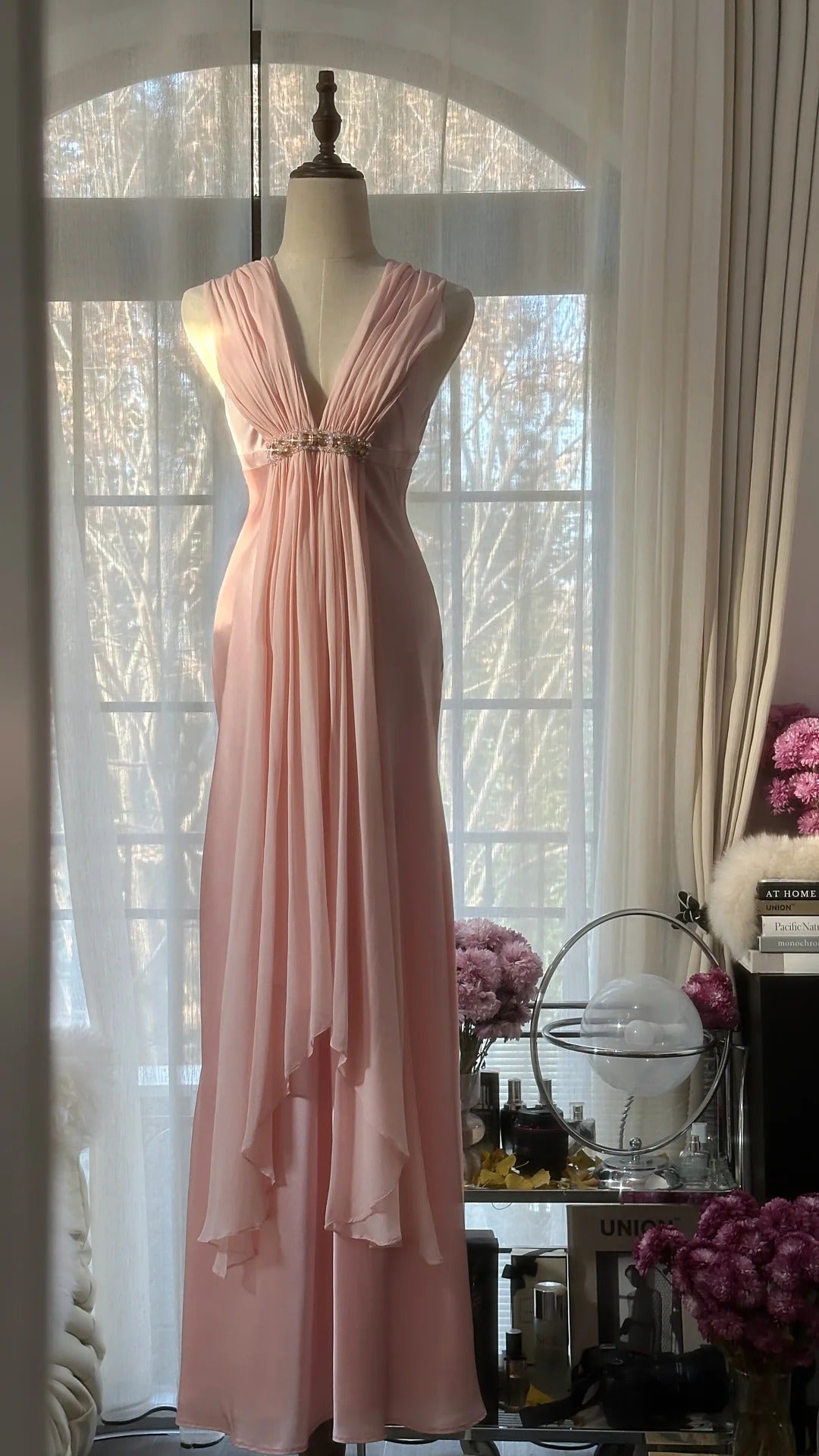Pink Elegant Exquisite Rhinestone Long Satin Chiffon Ball Gown Evening Dress Party Dress Birthday Dress Date Dress 4163