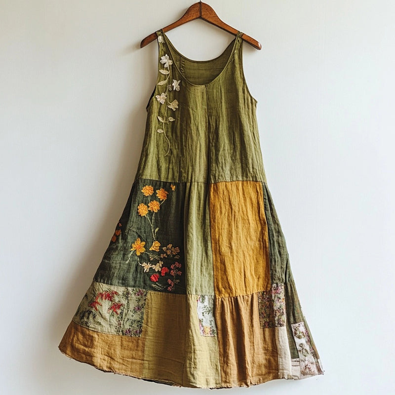 Floral Embroidered Art Linen Blend Patchwork Dress