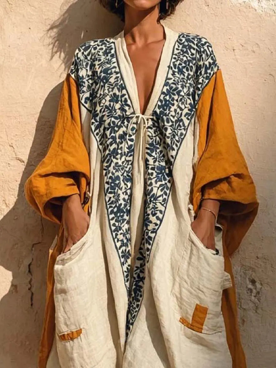 Women's Vintage Art Print V-neck Long Sleeve Cotton Linen Jumpsuit