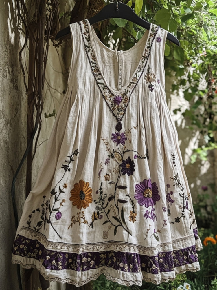 Vintage Embroidered Floral Art Linen Dress