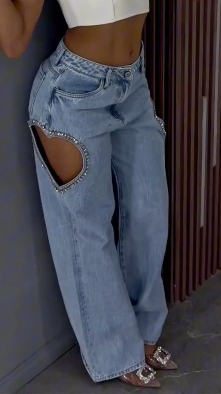Women's Rhinestone-Trimmed Heart Cut-Out Jeans
