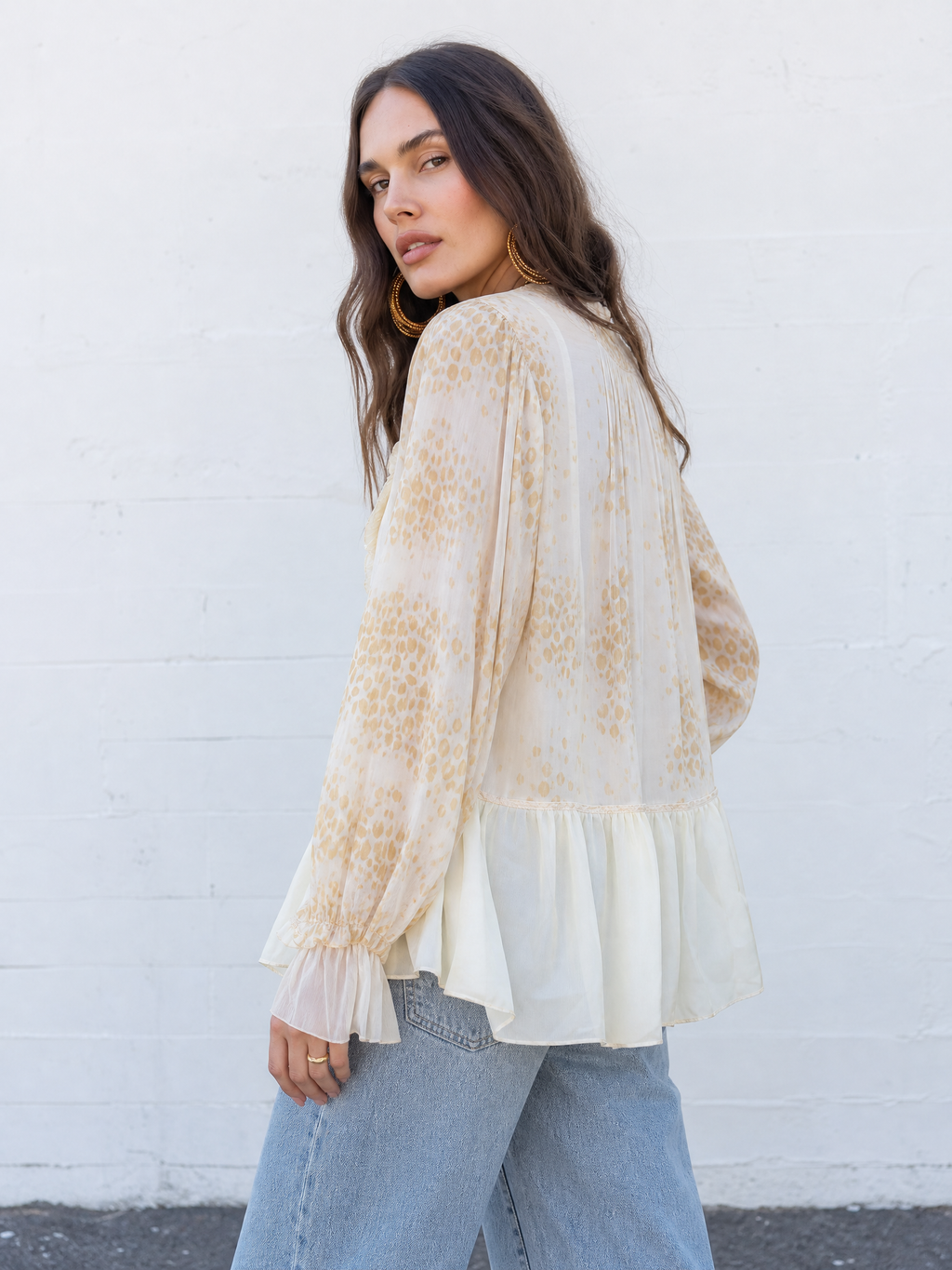 Leopard Print V-Neck Ruffle Tie-Front Blouse with Bishop Sleeves