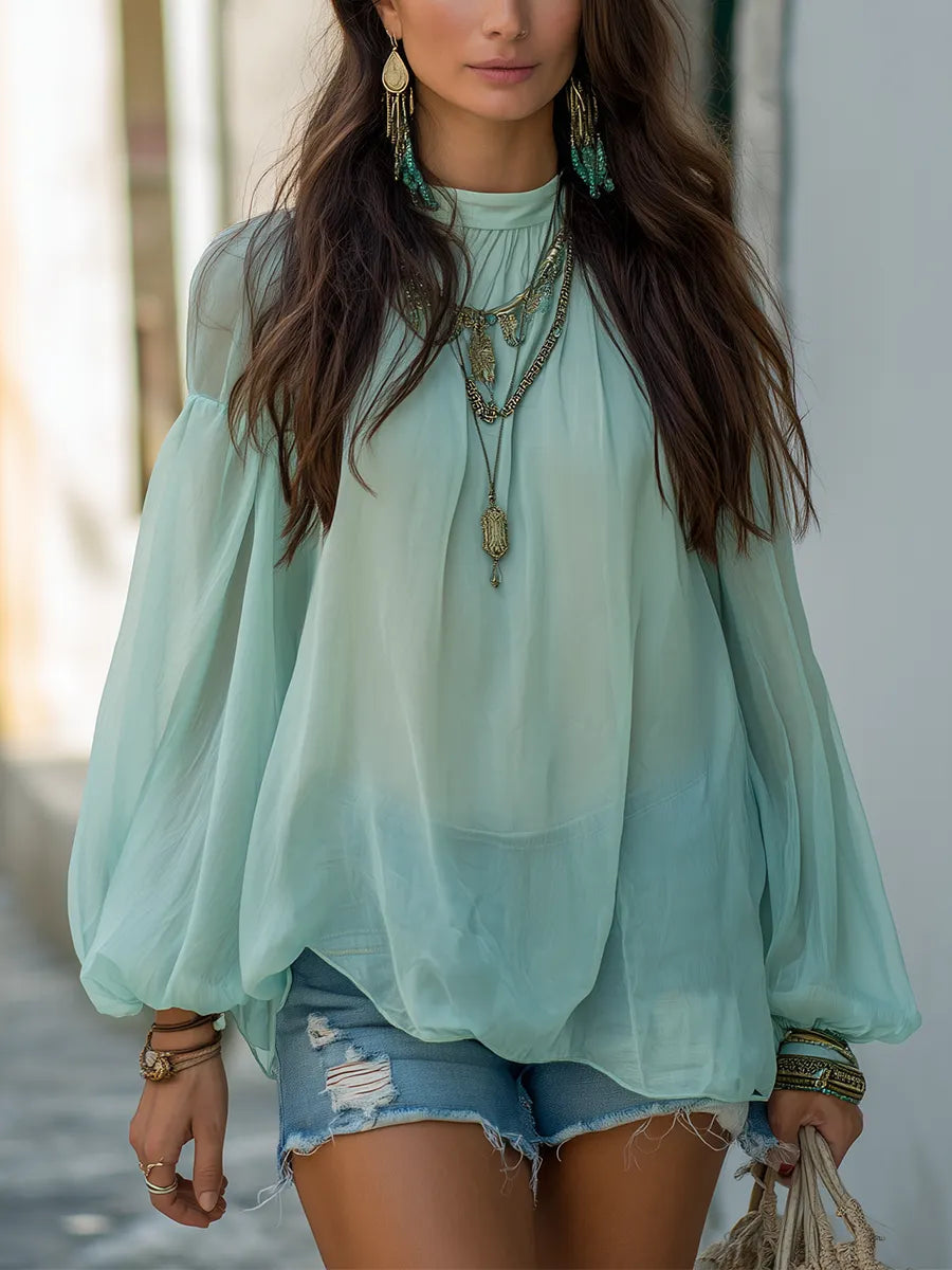 Relaxed Bohemian Sage Green Chiffon Blouse